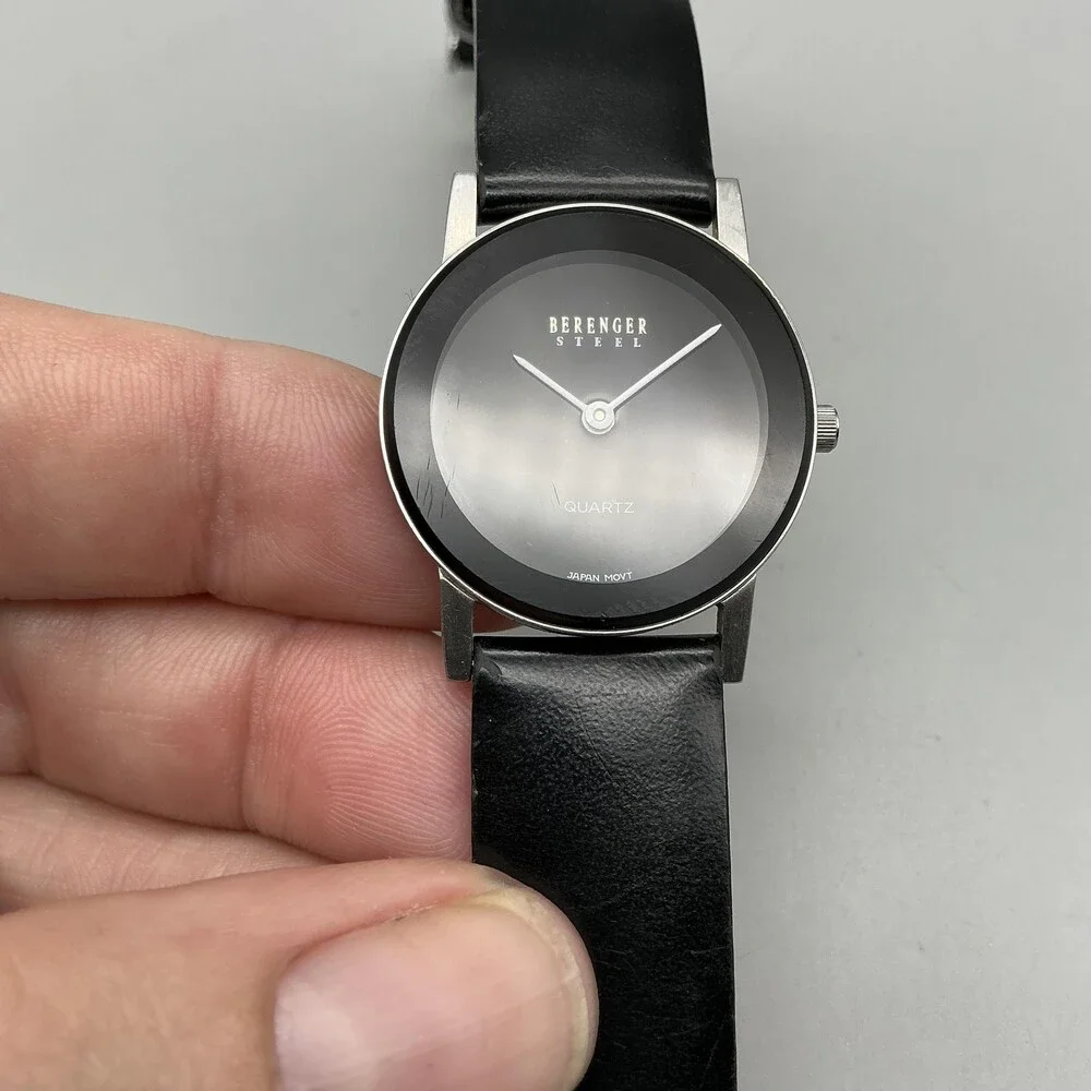 Berenger Steel Womens Watch 27mm Black Dial Black Leather Band New Battery